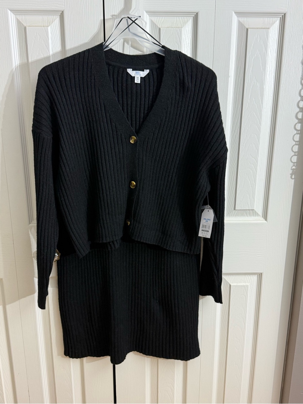 Time and Tru Black Ribbed V-Neck Cardigan and Skirt Set